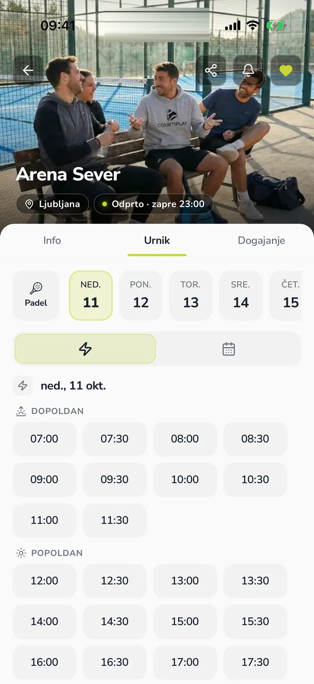 Arena Sever v aplikaciji Courtiplay: izbira datuma in prosti termini